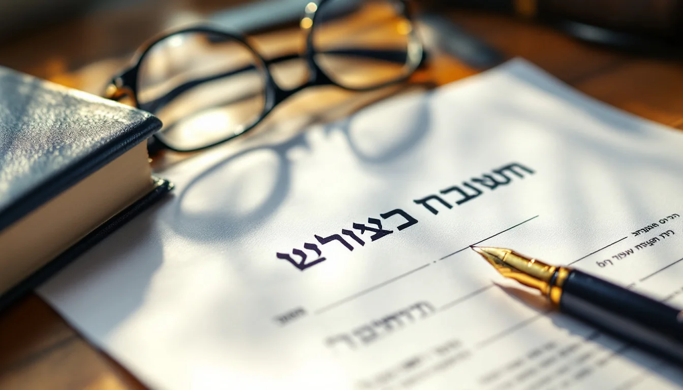 עט וקול עורך דין על גבי מסמך משפטי בעברית עם ספרי חוק
